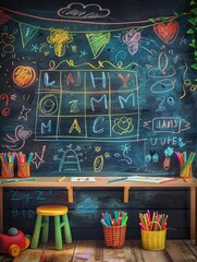 Naklejka premium A chalkboard background with colorful drawings, letters, and numbers, perfect for educational or childhood themes.