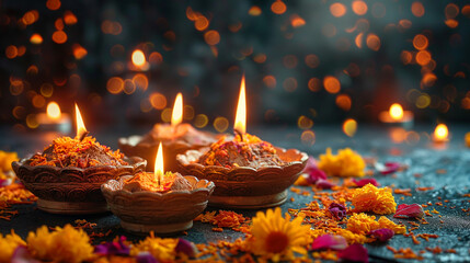 Diwali symbol concepts with light drop splash isolated on dark background. Generative AI Illustration.