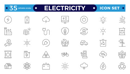 Electricity icon set with electromagnetic radiation, charger flow, lightning strike, static, induction, electric current, and electromagnetic radiation. Editable stroke outline icon. 