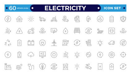 Electricity icon set with electromagnetic radiation, charger flow, lightning strike, static, induction, electric current, and electromagnetic radiation. Editable stroke outline icon. 