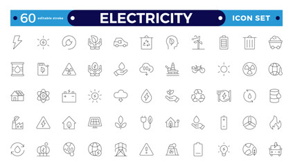 Electricity icon set with electromagnetic radiation, charger flow, lightning strike, static, induction, electric current, and electromagnetic radiation. Editable stroke outline icon. 