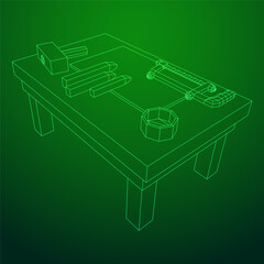 Craft carpentry workbench workshop interior. Wireframe low poly mesh vector illustration