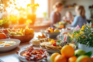 Fototapeta premium A table full of food with a happy family with woman and child sitting at it
