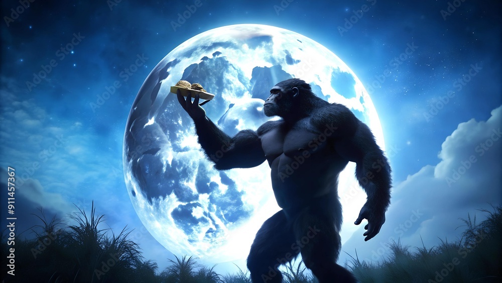 Sticker gorilla feasting in the moonlight: a silhouetted silhouette generative ai