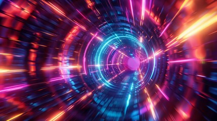 A vibrant abstract tunnel with streaks of blue, pink, and orange light.