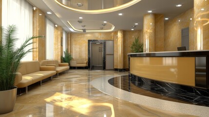 A contemporary hotel lobby with polished marble flooring, stylish seating, indoor plants, and a sleek reception desk, exemplifying luxury and sophistication.