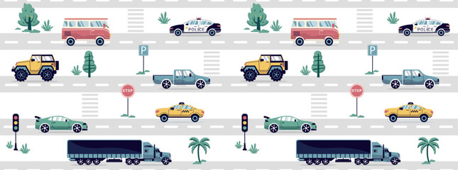 a seamless, trend pattern of cars. Transport background for children. A template with doodles of toy cars, road signs. for print, paper, banner. art vector illustration. © dezignstock