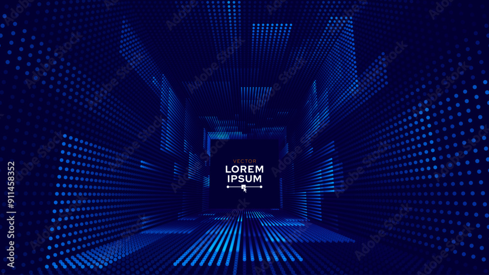 Poster Square Frame Border Blue Lights DJ Party Flyer Background. Rectangle Tunnel Big Data Backdrop. Abstract Blue Digital Background. Computer Digital Tunnel Technology Vector Illustration.