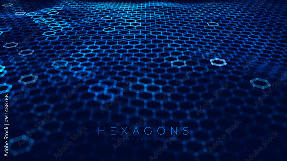 Poster Hexagonal Abstract Technology Background. Hexagons Pattern for Hi-Tech Communication Design. Hi-tech Cyber Hexagon Sci-Fi Game Banner Grid. Vector Illustration
