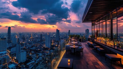 Obraz premium Aerial view of Bangkok cityscape from a rooftop bar, with sunset hues and the illuminated Lumpini area.
