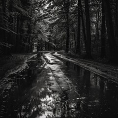 Naklejka premium Forest Road Reflection After Rain