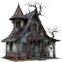 A creepy old house with a crooked roof and a crooked door