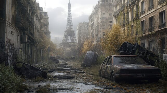 Post-Apocalyptic Paris: Eiffel Tower & Wrecked Cars. - Powered by Adobe