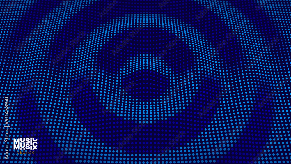 Poster 3D Wavy Digital Particles Ripple Effect Abstract Geometric Blue Color Background. Audio Halftone Ripple Visualization. Digital Water Drop Waves Concept. Particles Vector Illustration. 3D Grid Surface.