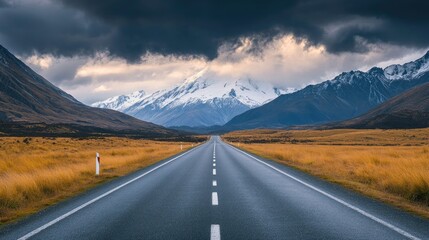 Asphalt road stretching towards snow-capped peaks and dramatic clouds, capturing the essence of road trips.