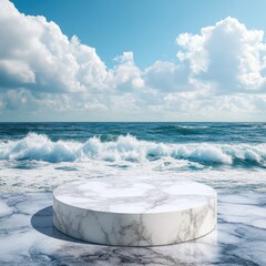 Marble Pedestal on Ocean Beach with Clouds