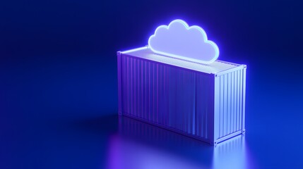 Obraz premium 3D rendering of a container with a glowing cloud icon on top, symbolizing cloud computing, data storage, and digital technology on a blue background.