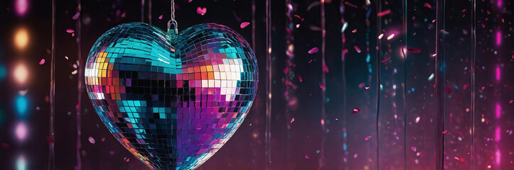 Vibrant heart-shaped disco ball sparkles under neon lights, nostalgic atmosphere for lively dance party. Copy space