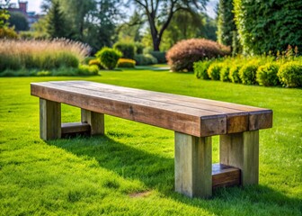 Fototapeta premium Rustic outdoor bench with chunky rectangular legs sits low to the ground amidst lush green grass on the lawn of a small commercial property.