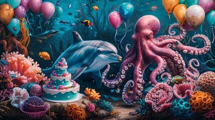 A dolphin and octopus celebrate with a birthday cake and colorful balloons in the ocean.