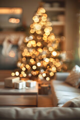 Blurred room with Christmas tree, gifts, sofa and decorated living room with lights. New Year and Xmas Christmas Eve decoration. Vertical picture