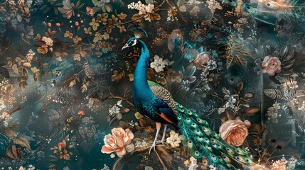Regal Peacock Seamless Pattern in Lush Forest with Fairy Tale Motifs