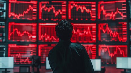 MAN WATCHING ON A SCREEN the Bollinger bands in red or negative, financial crisis