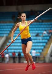 Pole Vaulter in Mid-Air Over Red Track