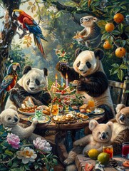 Obraz premium A whimsical scene with pandas, koalas, and a parrot enjoying a lavish feast in a lush garden setting.