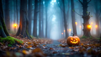 Whispers of the Fog: A Tiny Pumpkin Lantern in the Eerie Embrace of the Forest  Generative AI