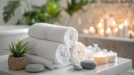 Depict a serene spa setting with soft, white towels rolled up or stacked, alongside spa accessories like candles, essential oils, and massage stones,