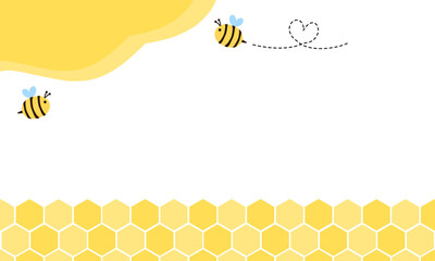 Beehive honey sign with hexagon grid cells and bee cartoons on white background vector.