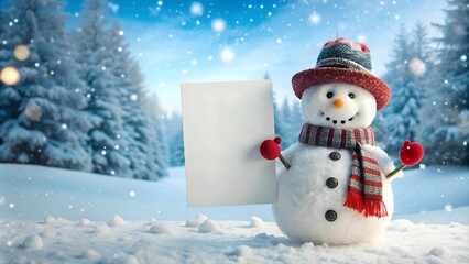 Obraz premium Frosty's Festive Banner: A Whimsical Snowman Holding a Blank Canvas Generative AI
