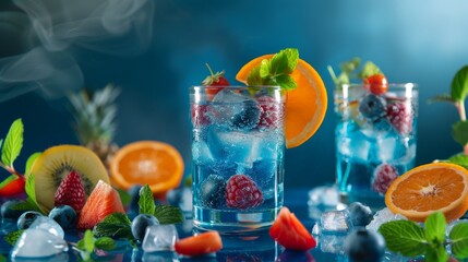 Colorful summer refreshing fruit drinks with ice cubs , fruit slices and berries and green mint leaves on a blue background.  Ideal as refreshing summer cocktail. Generative AI.