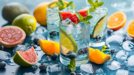 Summer refreshing fruit drinks with ice cubs , fruit slices and berries and green mint leaves on a blue background.  Ideal as refreshing summer cocktail. Generative AI.