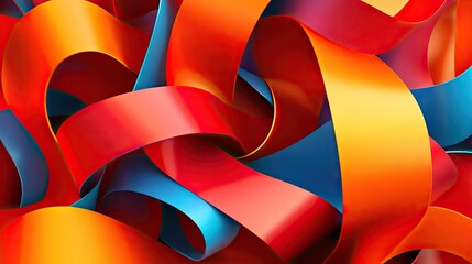 Bright red, orange, and blue ribbons in an abstract 3D design, creating a vibrant and lively background. -