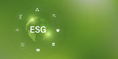 Sustainable business on networked connection vector illustration on green background. ESG icon concept .Environmental,Social and Corporate Government.
