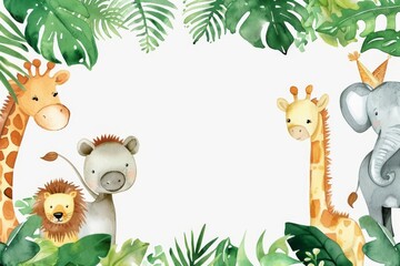 Obraz premium children's watercolor frame with funny animals - elephant, giraffe and lion in tropical leaves, space for text,