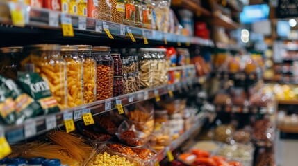 Fototapeta premium Supermarket aisle with assorted pasta and beans