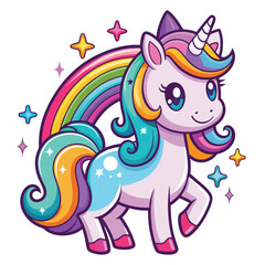 Cute magical unicorn and raibow. Print for t-shirt or sticker. Vector design isolated on white background. Romantic hand drawing illustration for children