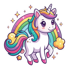 Cute magical unicorn and raibow. Print for t-shirt or sticker. Vector design isolated on white background. Romantic hand drawing illustration for children