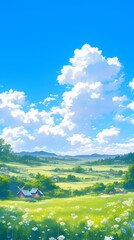 Fototapeta premium Enchanting Anime-inspired Summer Landscape: Serene Hills and Lush Green Fields under Blue Skies. Soothing Cartoon-style Illustration for Creative Marketing. AI-generated 4K Wallpaper Background for At
