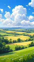 Obraz premium Enchanting Anime-inspired Summer Landscape: Serene Hills and Lush Green Fields under Blue Skies. Soothing Cartoon-style Illustration for Creative Marketing. AI-generated 4K Wallpaper Background for At