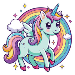 Cute magical unicorn and raibow. Print for t-shirt or sticker. Vector design isolated on white background. Romantic hand drawing illustration for children