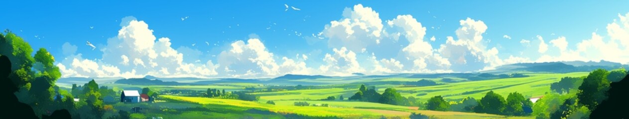 Obraz premium Enchanting Anime-inspired Summer Landscape: Serene Hills and Lush Green Fields under Blue Skies. Soothing Cartoon-style Illustration for Creative Marketing. AI-generated 4K Wallpaper Background for At