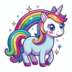 Cute magical unicorn and raibow. Print for t-shirt or sticker. Vector design isolated on white background. Romantic hand drawing illustration for children