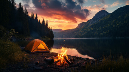 camping in the mountains during sunset