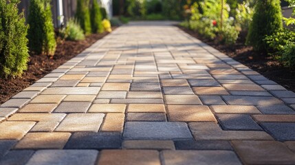 Concrete paver blocks forming a walkway, emphasizing the neat and organized design of the brick paving.