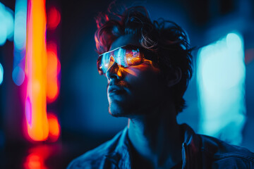 Smart man looking data or connecting with big data or virtual reality by using goggle or VR headset.