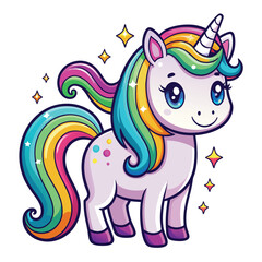 Cute magical unicorn and raibow. Print for t-shirt or sticker. Vector design isolated on white background. Romantic hand drawing illustration for children